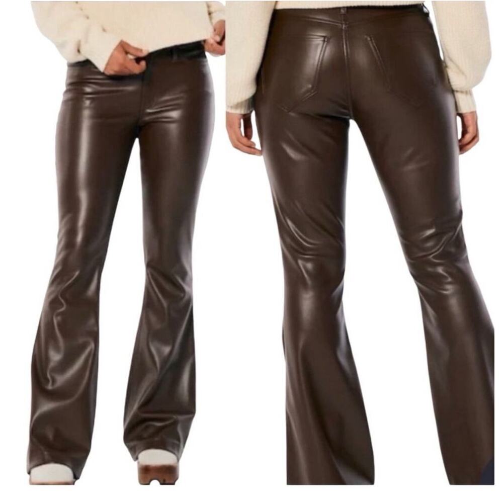 Hollister Faux Leather Flare‎ Pants High Waisted Brown Size 13R Waist 31